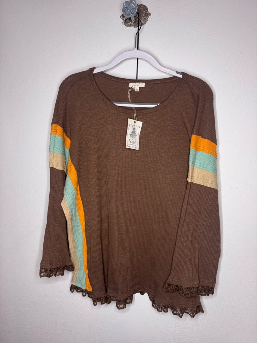 Easel Los Angeles Brown Rib Knit Lace Hem Colorblock Top Women’s Large Boho NWT